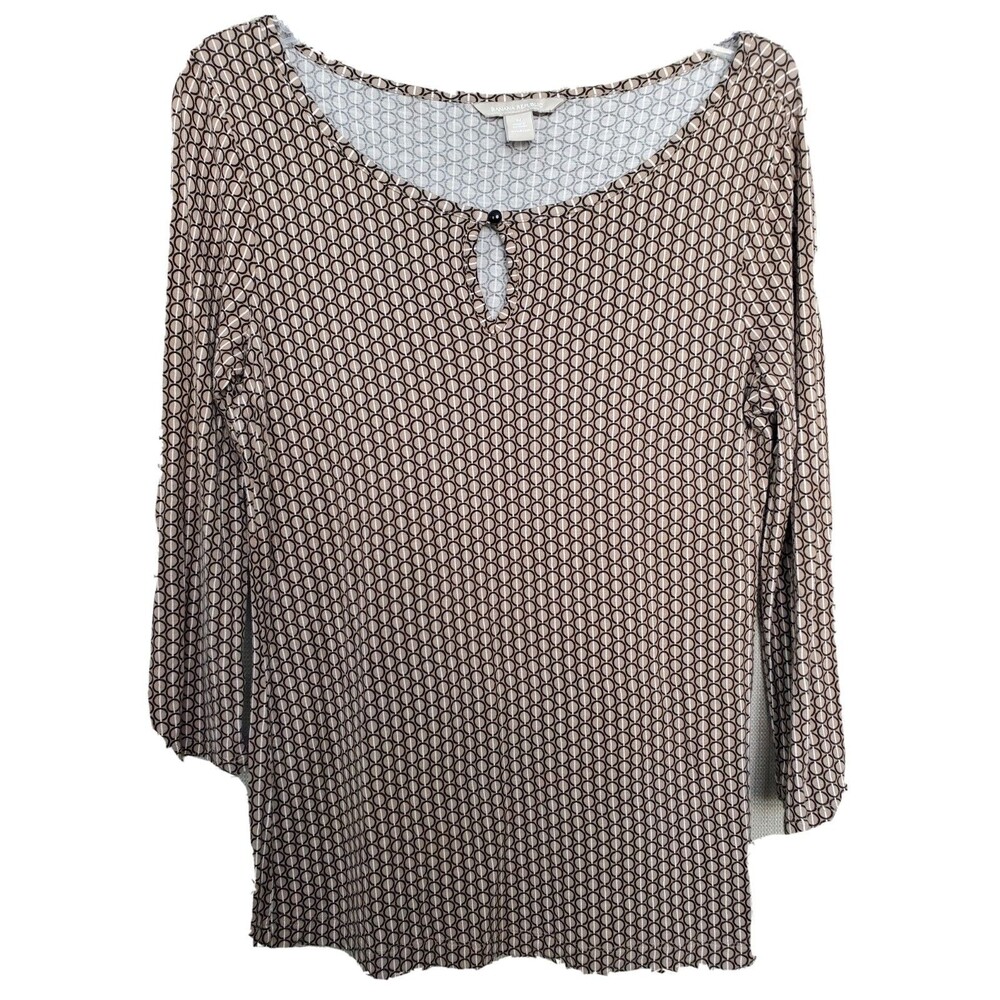 Banana Republic Brown Geometric Pattern 3/4 Sleeve Keyhole Neck Blouse Size Med